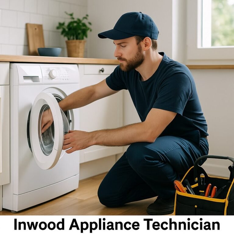 Appliance repair technician working on a washing machine in an Inwood Manhattan apartment