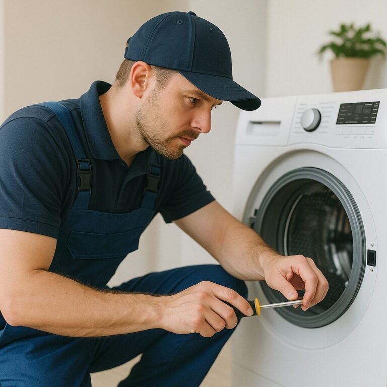Male appliance repair technician standing with tools next to a washing machine
