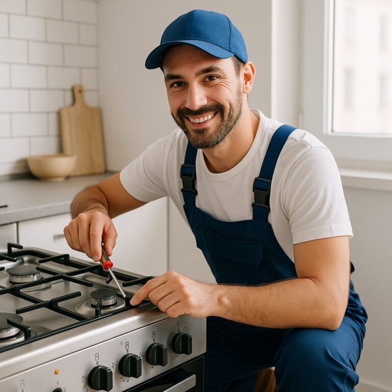 Appliance repair technician working on a stovetop in a Gramercy Manhattan apartment