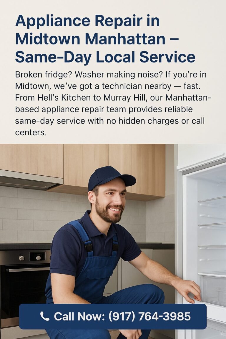 Appliance repair technician in Midtown Manhattan kitchen working on a refrigerator