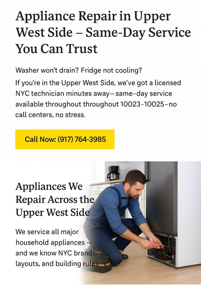 Appliance repair technician servicing a fridge in an Upper West Side Manhattan apartment