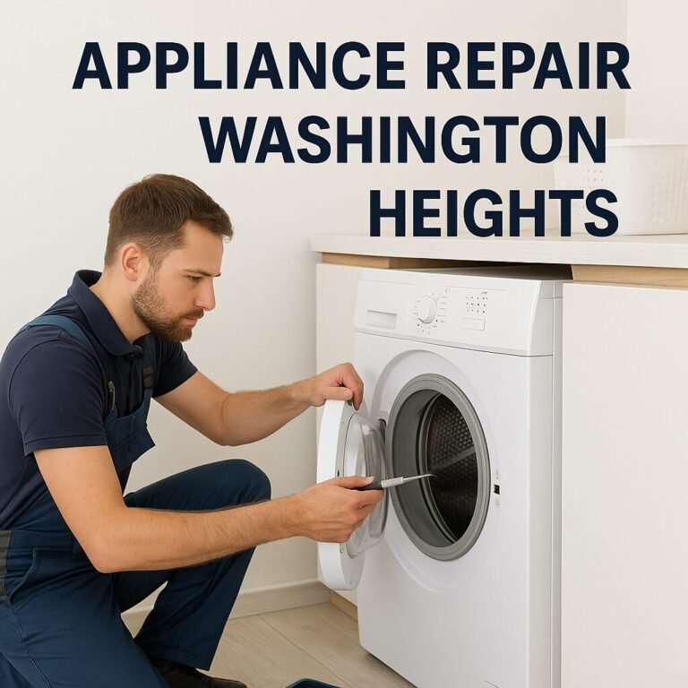 Appliance repair technician working on a washing machine in a Washington Heights apartment